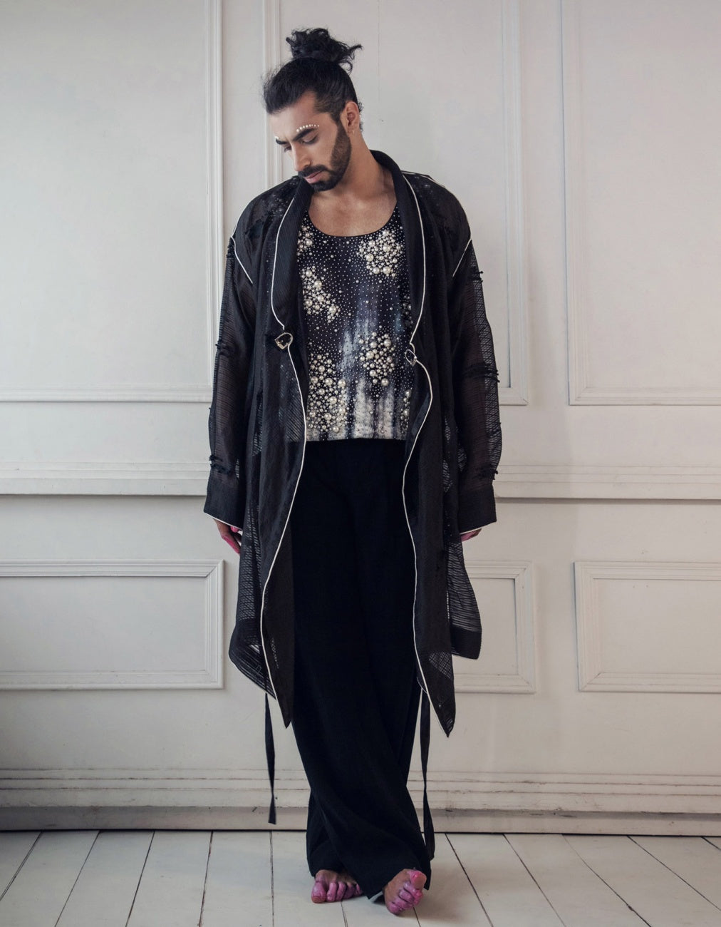 Angrakha Kurta Set With A Shibori Dyed Satin Pearl Vest