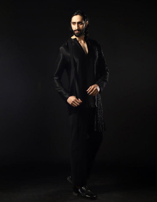Asymmetric Panelled Black Kurta Set