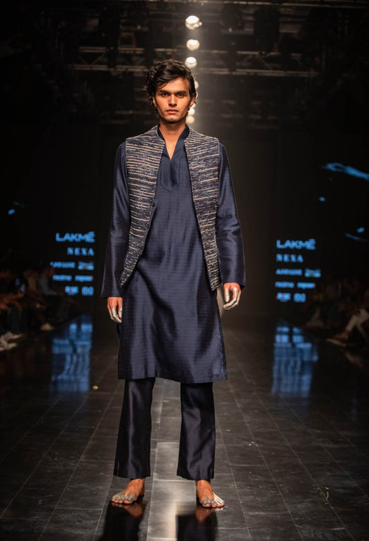 Blue Kurta Set With Waistcoat
