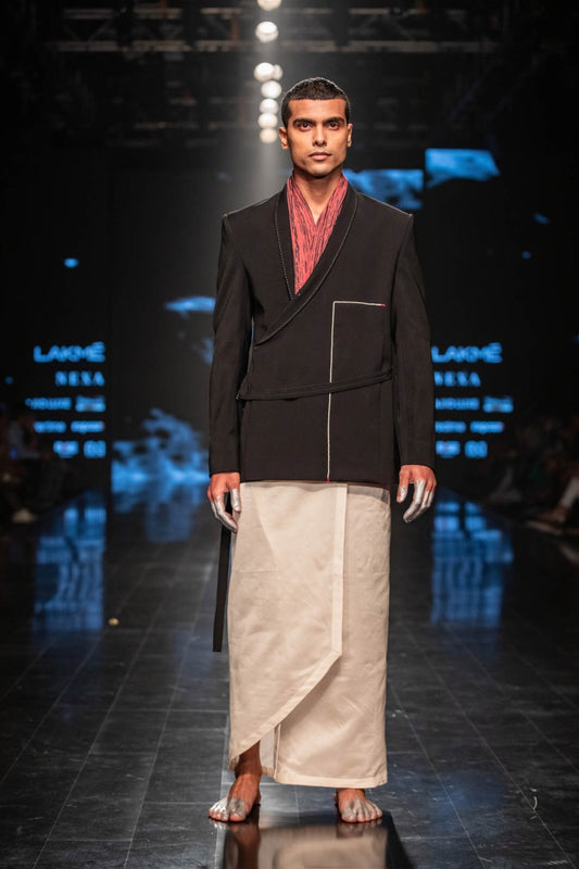Black Asymmetric Blazer With Dhoti